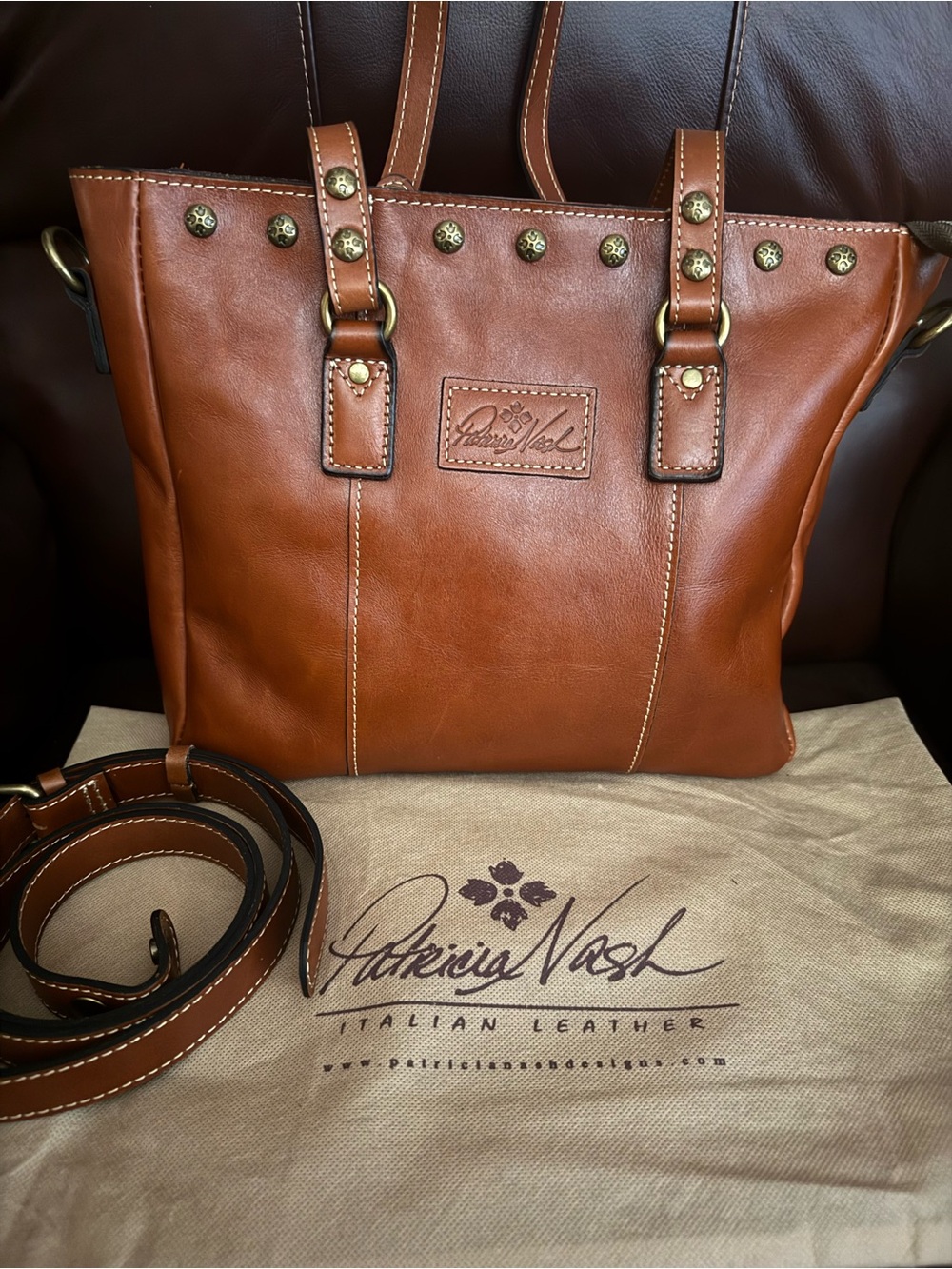 Patricia Nash Cognac Leather Studded Tote